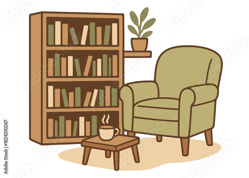 Cozy reading nook with armchair, bookshelf, coffee cup, plant, and wooden table
