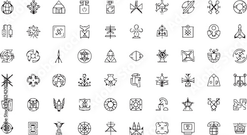 Comprehensive collection of abstract, mystical, and esoteric geometric line art icons, ideal for spiritual and fantasy design elements