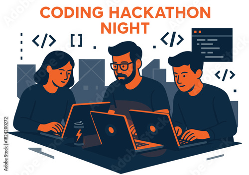 Team of young adults coding in hackathon at night