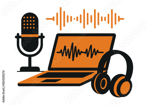 Vector graphic of podcast equipment with microphone, laptop, and headphones