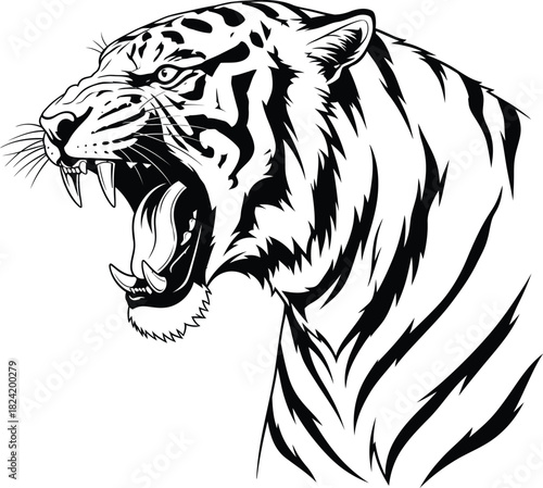 Tiger head roaring black and white illustration vector design art eps silhouette