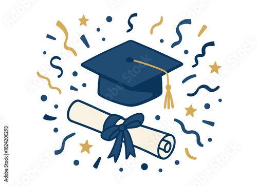 Graduation cap and diploma with confetti celebrating achievement