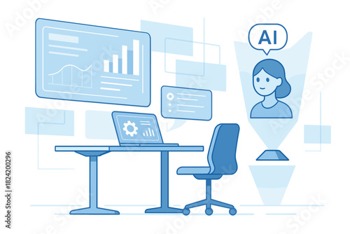 Futuristic office with ai assistance and data analytics interface