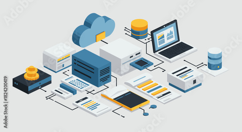 Isometric office technology layout with cloud networking and data storage