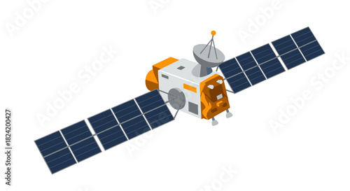 Isometric satellite with solar panels and antenna in space