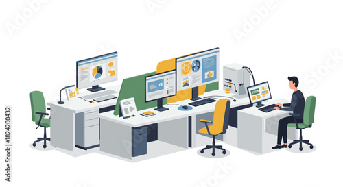 Modern office workspace with computers and business analytics in isometric style