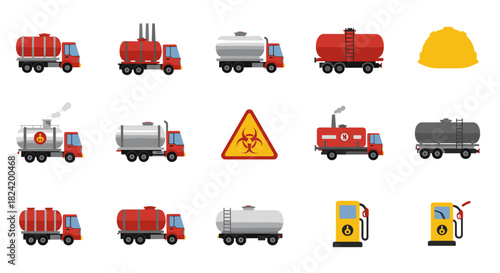 Set of fuel tanker trucks and safety icons including biohazard and gas station pump