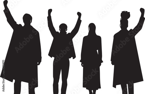 Silhouette of a diverse group of activists with raised fists protesting for freedom and rights