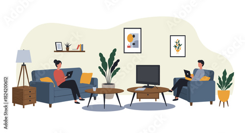 Cozy living room with people relaxing on sofas using laptops in modern flat design