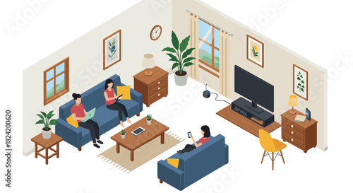 Cozy living room with people using devices in isometric style