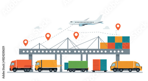 Global shipping logistics: transportation and delivery with trucks, containers, and airplane