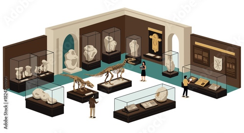 Modern museum exhibit with dinosaur skeletons and sculptures in isometric style