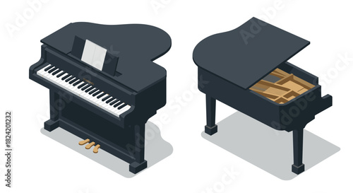 Elegant isometric grand piano set with open and closed views