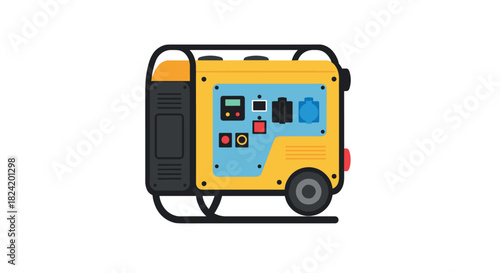 Colorful portable generator with control panel and wheels on white background