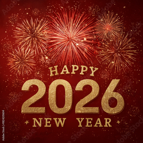 Celebrate a joyful Happy New Year 2026 with vibrant golden fireworks and festive cheer, perfect for stunning holiday greetings and memorable celebrations