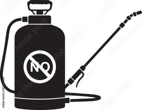 No pesticides or harmful chemicals allowed icon. Garden pump sprayer with a forbidden symbol for organic farming