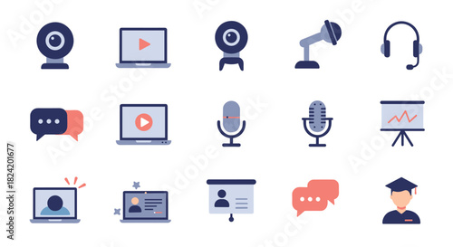 Flat icons of webcams, microphones, and communication tools for online learning