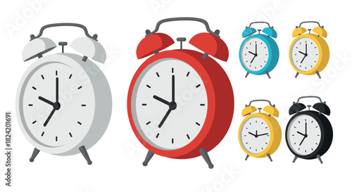 Colorful retro alarm clocks in flat design set on white background