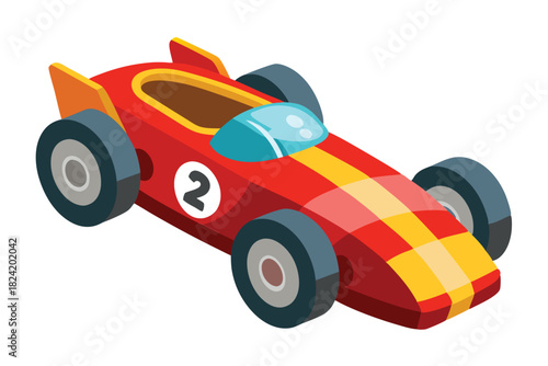 Toy racecar painted red and yellow sports the number two on its side