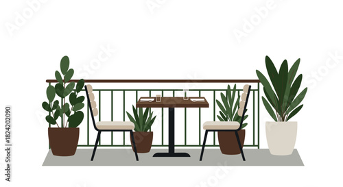 Cozy outdoor balcony with plants and dining table