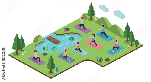 Isometric yoga class in nature with diverse people practicing outdoors by a scenic pond