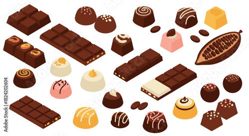 Assorted chocolate and cocoa treats in isometric style on white background