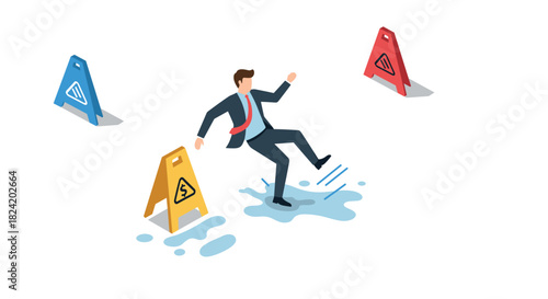 Isometric scene of businessman slipping on wet floor with caution signs