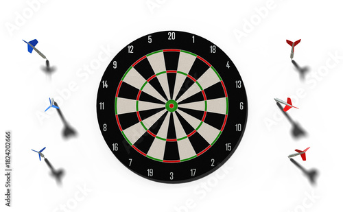 Cible de fléchettes vue de face et fléchettes - fond transparent - rendu 3D	

