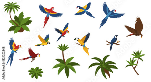 Vibrant tropical birds and lush foliage in flight
