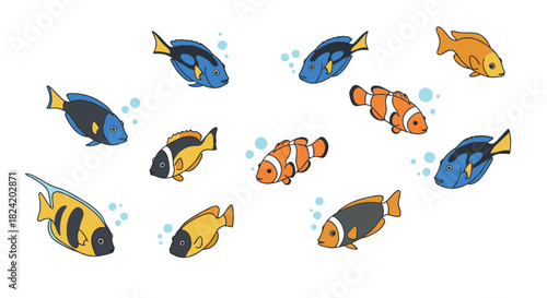 Colorful aquarium fish pattern with clownfish and angelfish in cartoon style