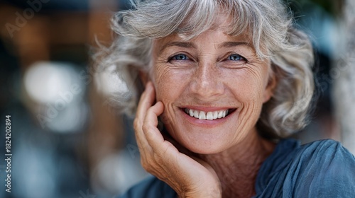 Smiling mature woman with gray hair in natural light closeup portrait