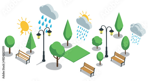 Isometric park with benches, trees, and street lamps under mixed weather