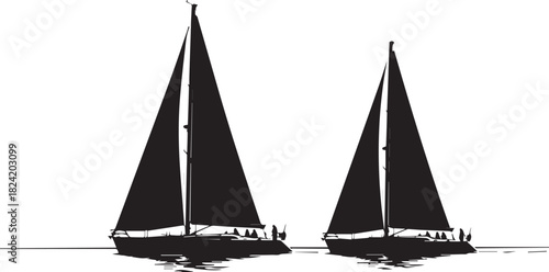 Two Sailboats race in the sea casting silhouette on water in beautiful scenery