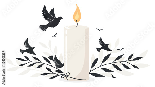 Peaceful dove silhouettes with glowing candle flame for sympathy cards and memorial services design template