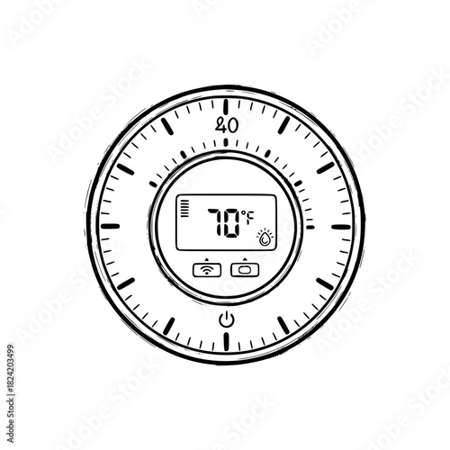 Modern smart thermostat displaying 70 degrees Fahrenheit with WiFi and settings icons, perfect for illustrating home automation, energy efficiency, and comfortable living concepts
