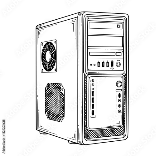 Detailed line art of a computer tower, perfect for illustrating technology articles or retro computing concepts, showcasing vintage PC hardware with a modern minimalist aesthetic, ideal for tech blogs