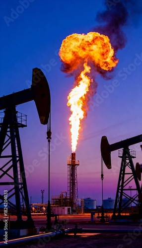 Night shot of oil pumps silhouetted against a fiery flare stack, with a dark blue twilight sky