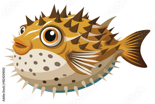 Round pufferfish with brown spines and distinct spots is swimming in the ocean