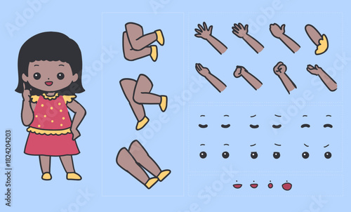 Cute Brown Girl Character Rig with Editable Parts. Ideal for animation, motion graphics, character creation, educational content, and customizable cartoon designs.
