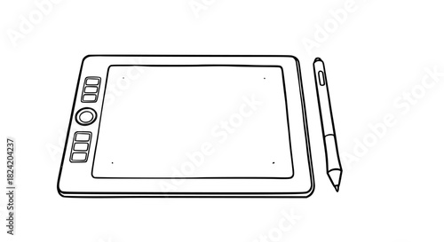 Sketch of a modern sleek graphics tablet with pen, perfect for digital art, illustration, and photo editing workflows, unleashing creative potential for designers and artists alike
