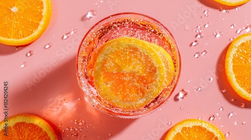 Refreshing Orange Slice Beverage with Bubbles on Pink Background