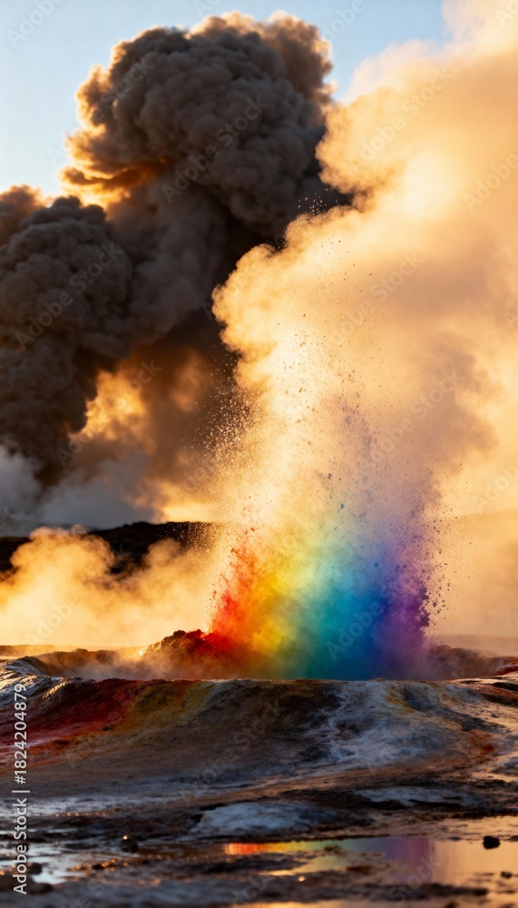 Naklejka premium Erupting geyser with rainbow refraction against a sunset backdrop, dramatic steam clouds