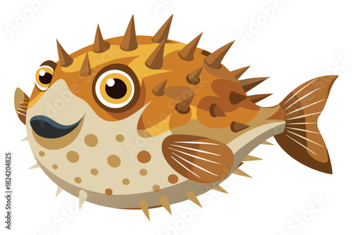 Spiky brown pufferfish smiles with round eyes and speckled skin, creating a cute cartoon
