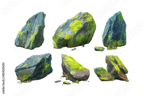 Collection of moss-covered rocks and stones on a white background.