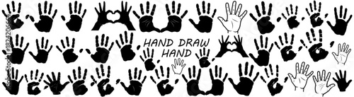 A collection of handprints and hand drawings in black and white with various hand gestures shown
