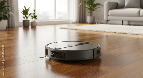 Modern home cleaning with robotic vacuum on wooden floor in living room setting