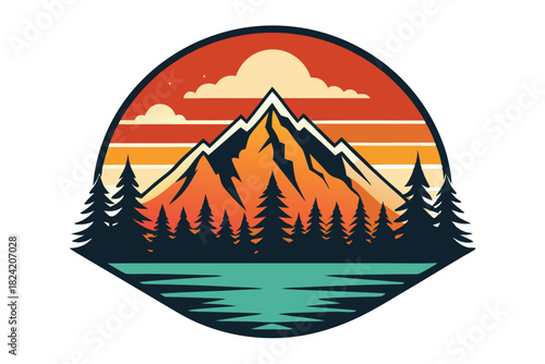 Vintage mountain landscape design features orange mountains, pine trees, lake, and sunset sky