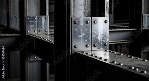 Industrial metal framework with steel beams and rivets in a structural construction setting