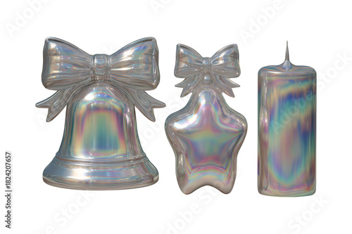 Three iridescent Christmas decorations: a bell a star and a candle.