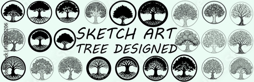 Collection of tree of life designs in circles with various styles and sketch art tree designed text
